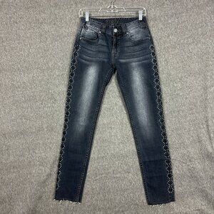 Rock & Roll Cowgirl Womens Mid Rise Skinny Jeans Size 26 Dark Denim With Rhinest